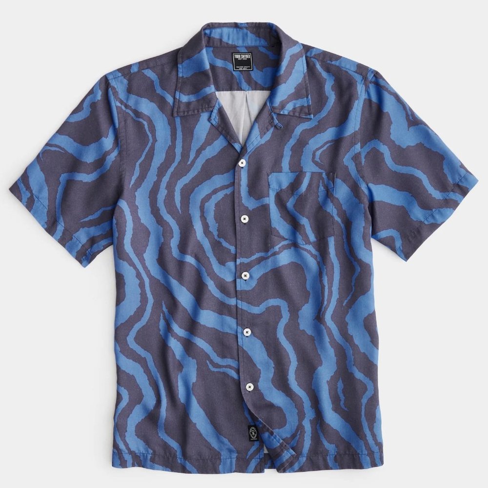 NWT $198 Todd Snyder Lightweight Camp Collar Shirt in Blue Ripple Zebra Print